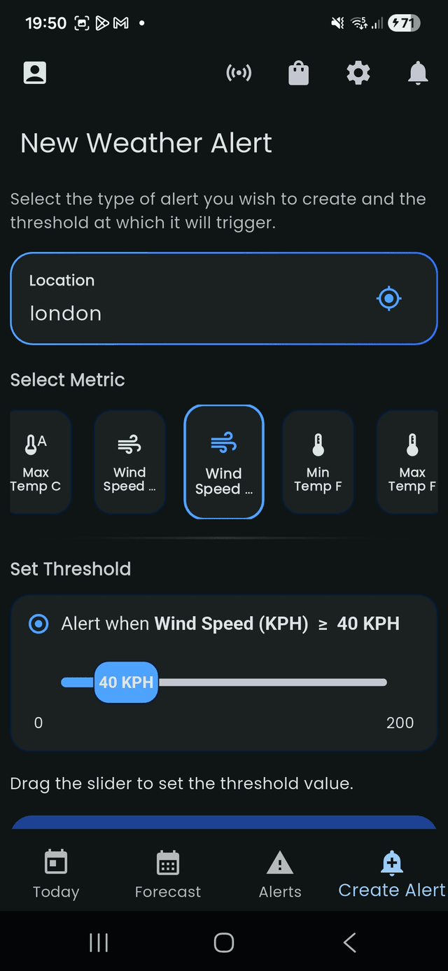 Weather Guardian alert setup screen for wind speed thresholds