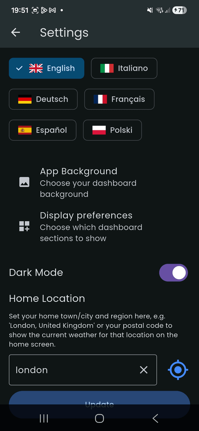 Weather Guardian settings screen showing app preferences and notification setup